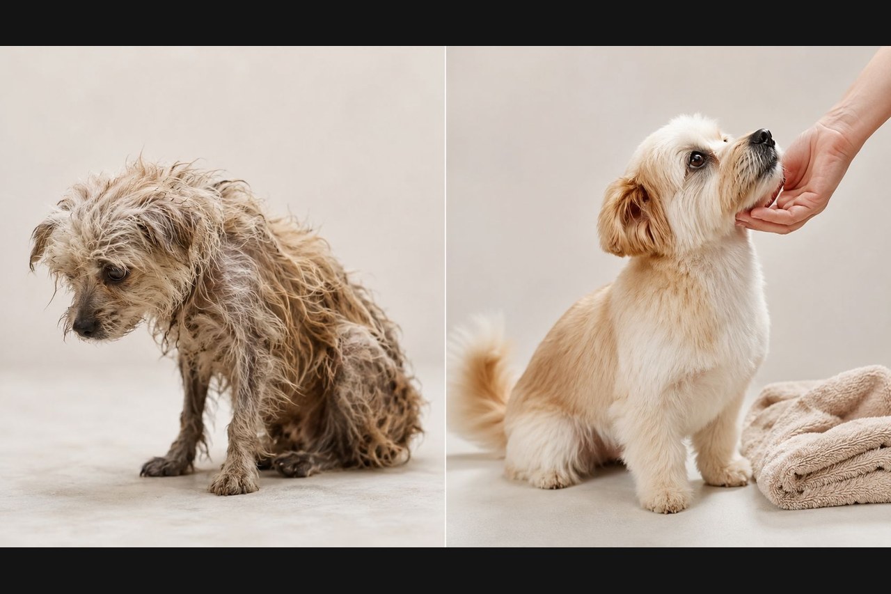 A small terrier mix before and after a full groom, from matted and dirty to soft and clean