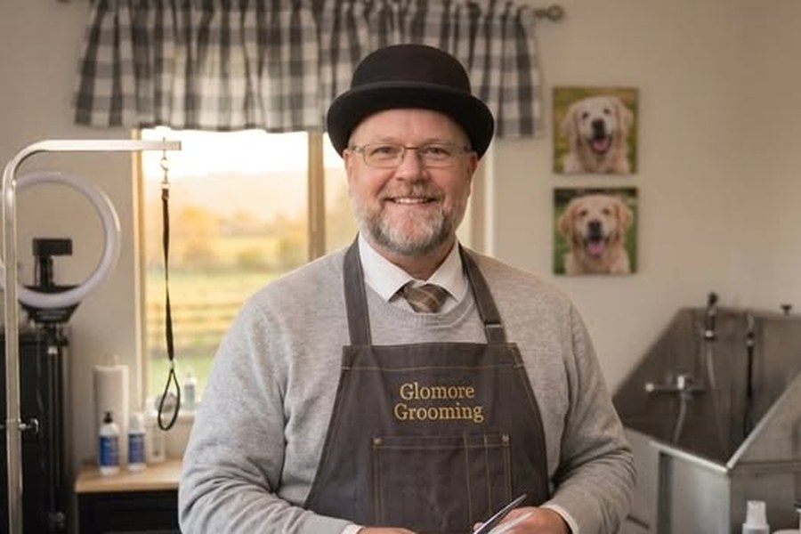 Shawn Finley in his embroidered Glomore Grooming apron inside the El Paso studio