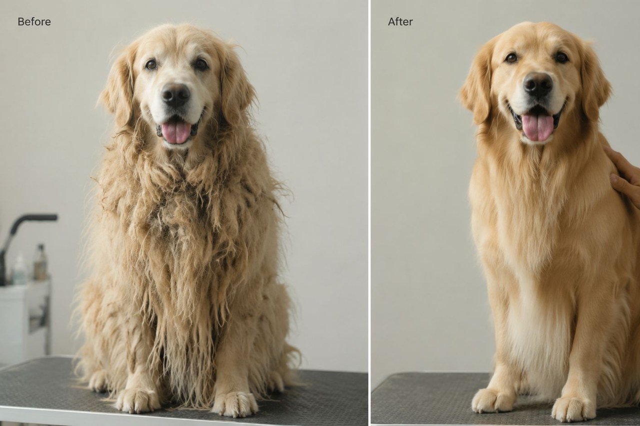 A golden retriever coat before and after heavy matting is worked out by hand